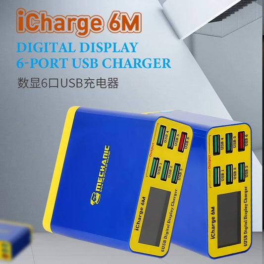 MECHANIC iCharge 6M – 6-Port Fast USB Charger with Smart Digital Display, QC 3.0 & Wireless Charging for iPhone, Xiaomi, Samsung & Tablets