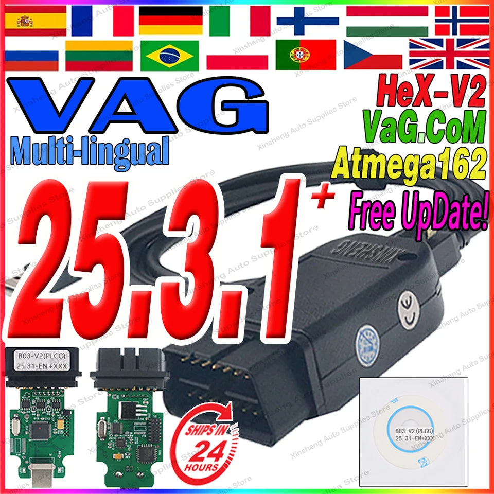 2025 Newest VCD'S V25.3 VAG'C0M V24.7 VAG C0m Popular Francais Hex Atmega162 V2 FOR V-W AU-DI Sko-da Se-at Vag FRM ITT Español