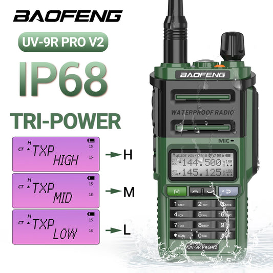 Baofeng UV-9R Pro V2 – IP68 Waterproof Dual-Band Walkie Talkie | Tri-Power, Type-C Charging & Long-Range Ham CB Radio