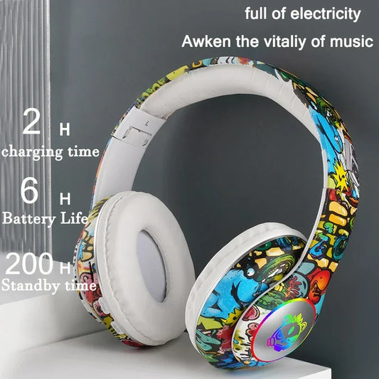 🎧 Graffiti Bluetooth Headphones – LED Light Wireless Headset with Mic & TF Card Support | Perfect Gift for Kids