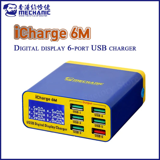 MECHANIC iCharge 6M – 6-Port Fast USB Charger with Smart Digital Display, QC 3.0 & Wireless Charging for iPhone, Xiaomi, Samsung & Tablets