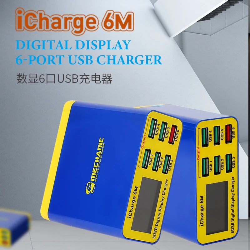 MECHANIC iCharge 6M – 6-Port Fast USB Charger with Smart Digital Display, QC 3.0 & Wireless Charging for iPhone, Xiaomi, Samsung & Tablets