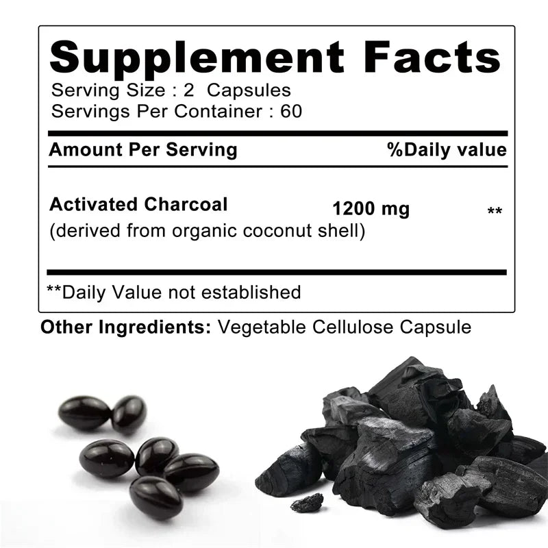 Organic Coconut Activated Charcoal Capsules - Helps Relieve Gas & Bloating, Detox and Lubricating, for Normal Bowel Function