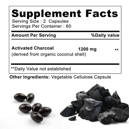 Organic Coconut Activated Charcoal Capsules - Helps Relieve Gas & Bloating, Detox and Lubricating, for Normal Bowel Function