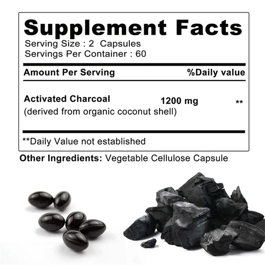 Organic Coconut Activated Charcoal Capsules - Helps Relieve Gas & Bloating, Detox and Lubricating, for Normal Bowel Function