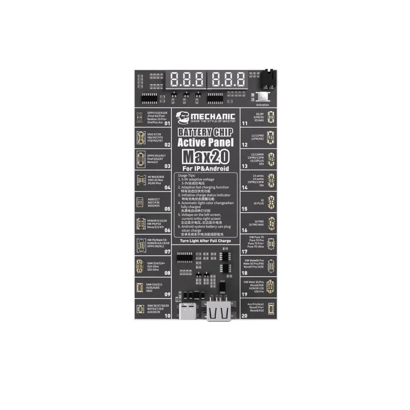 MECHANIC MAX20 Smart Battery Charger Chip – One-Click Activation & Real-Time Detection with Dual Port Type-C / USB for Android & iPhone