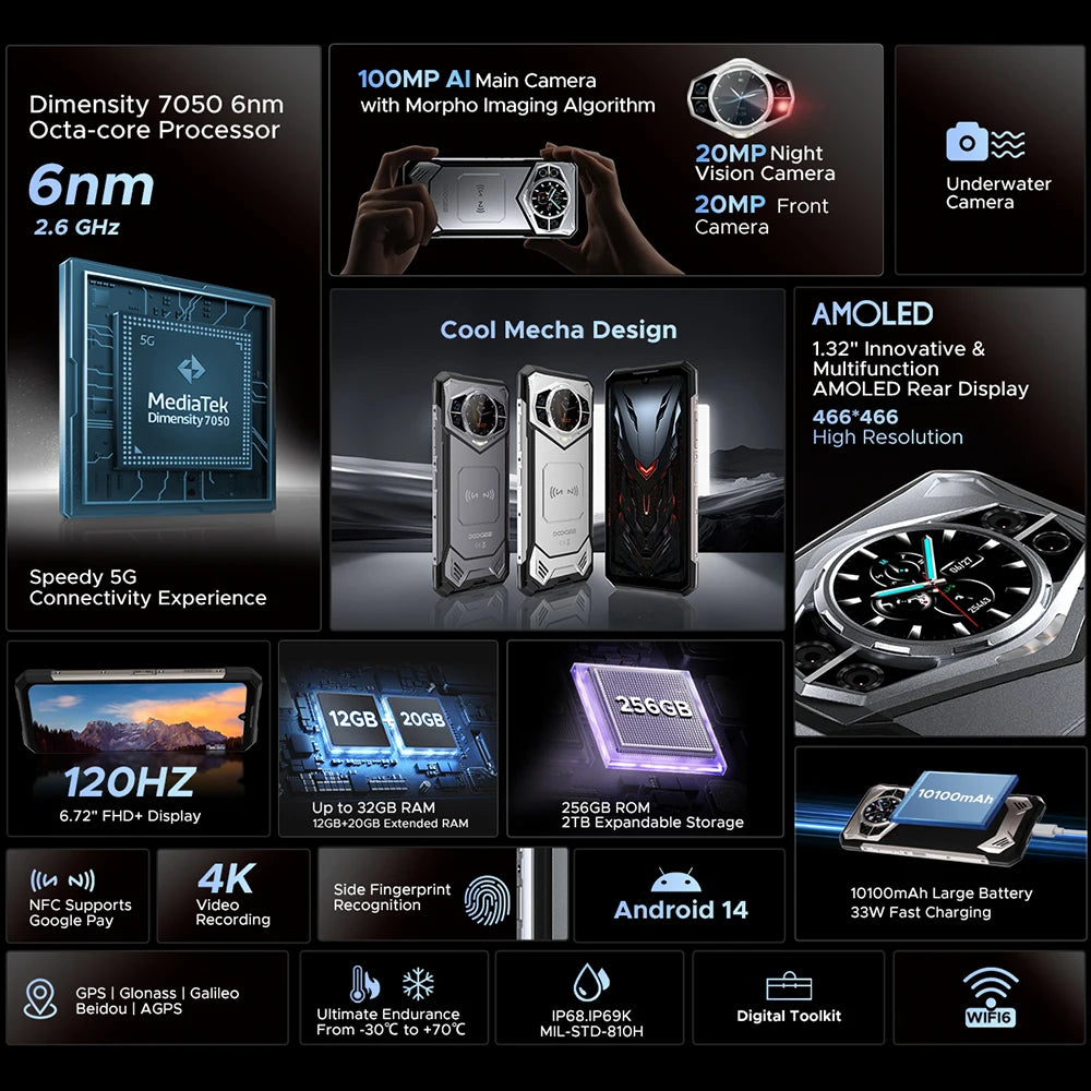 DOOGEE S200 5G Rugged Phone – 6.72" 120Hz Display, 12GB+256GB, 100MP AI Camera, 10100mAh Battery (Android 14, NFC)