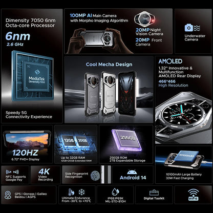 DOOGEE S200 5G Rugged Phone – 6.72" 120Hz Display, 12GB+256GB, 100MP AI Camera, 10100mAh Battery (Android 14, NFC)