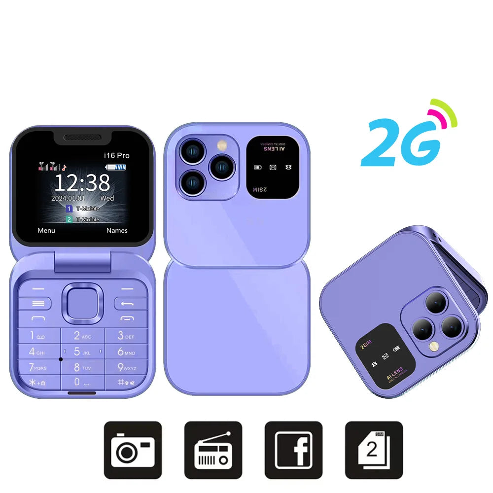 SERVO i16 PRO Mini Flip Mobile Phone – Dual SIM, 2G/4G LTE, FM Radio, Magic Voice, Torch & Pocket Design (Type-C Charging)