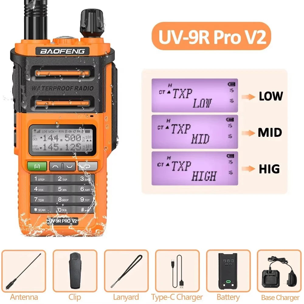 Baofeng UV-9R Pro V2 – IP68 Waterproof Dual-Band Walkie Talkie | Tri-Power, Type-C Charging & Long-Range Ham CB Radio
