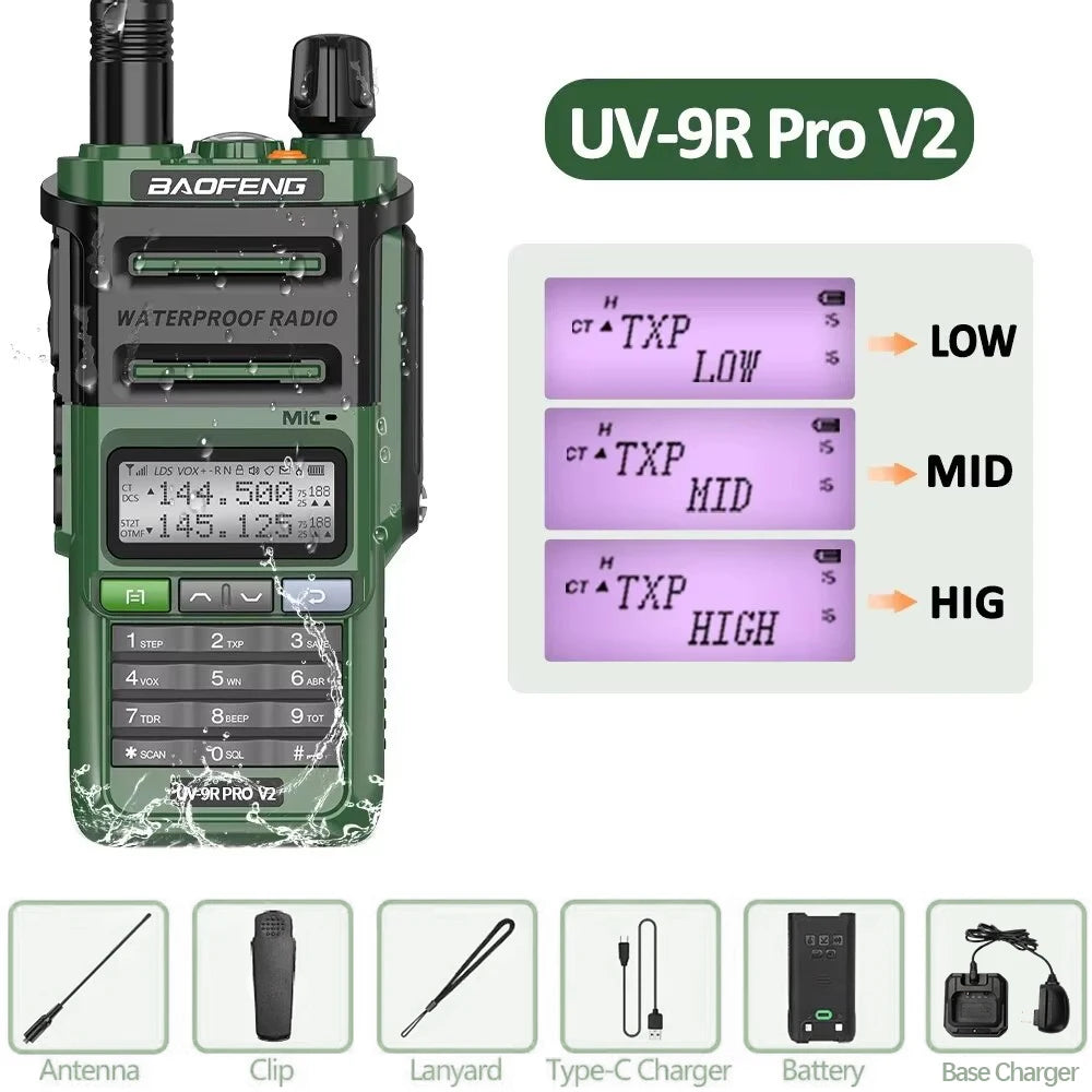 Baofeng UV-9R Pro V2 – IP68 Waterproof Dual-Band Walkie Talkie | Tri-Power, Type-C Charging & Long-Range Ham CB Radio