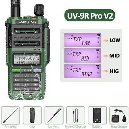 Baofeng UV-9R Pro V2 – IP68 Waterproof Dual-Band Walkie Talkie | Tri-Power, Type-C Charging & Long-Range Ham CB Radio