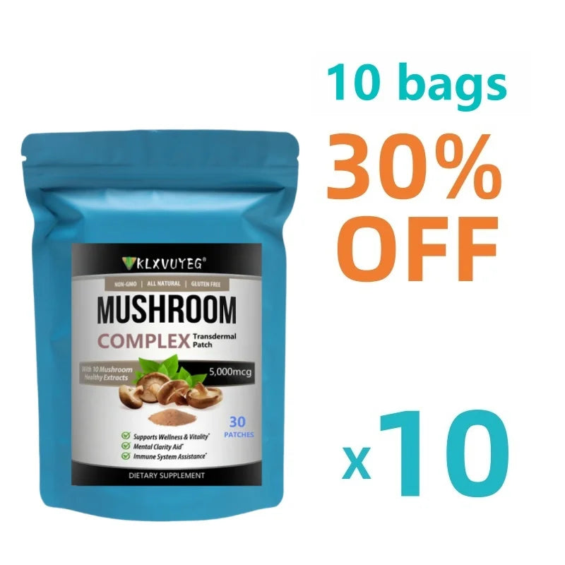 10x Mushroom Complex Transdermal Patches – Lion’s Mane, Reishi, Shiitake & 10 Mushroom Blend, Immune & Cognitive Support, 1-Month Supply