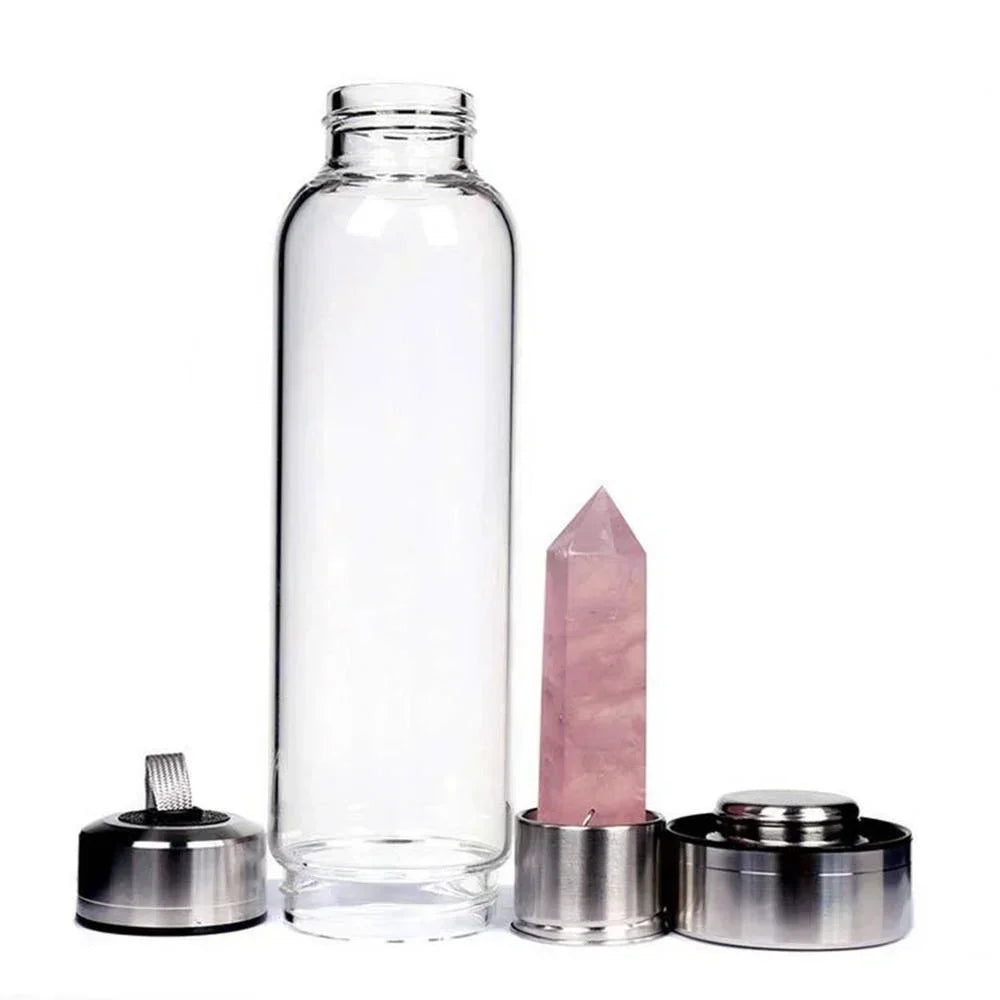 Crystal Infused Water Bottle – Natural Gemstone Elixir Cup with Healing Obelisk Wand