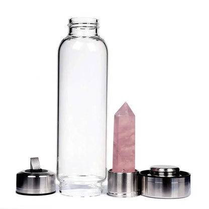 Crystal Infused Water Bottle – Natural Gemstone Elixir Cup with Healing Obelisk Wand