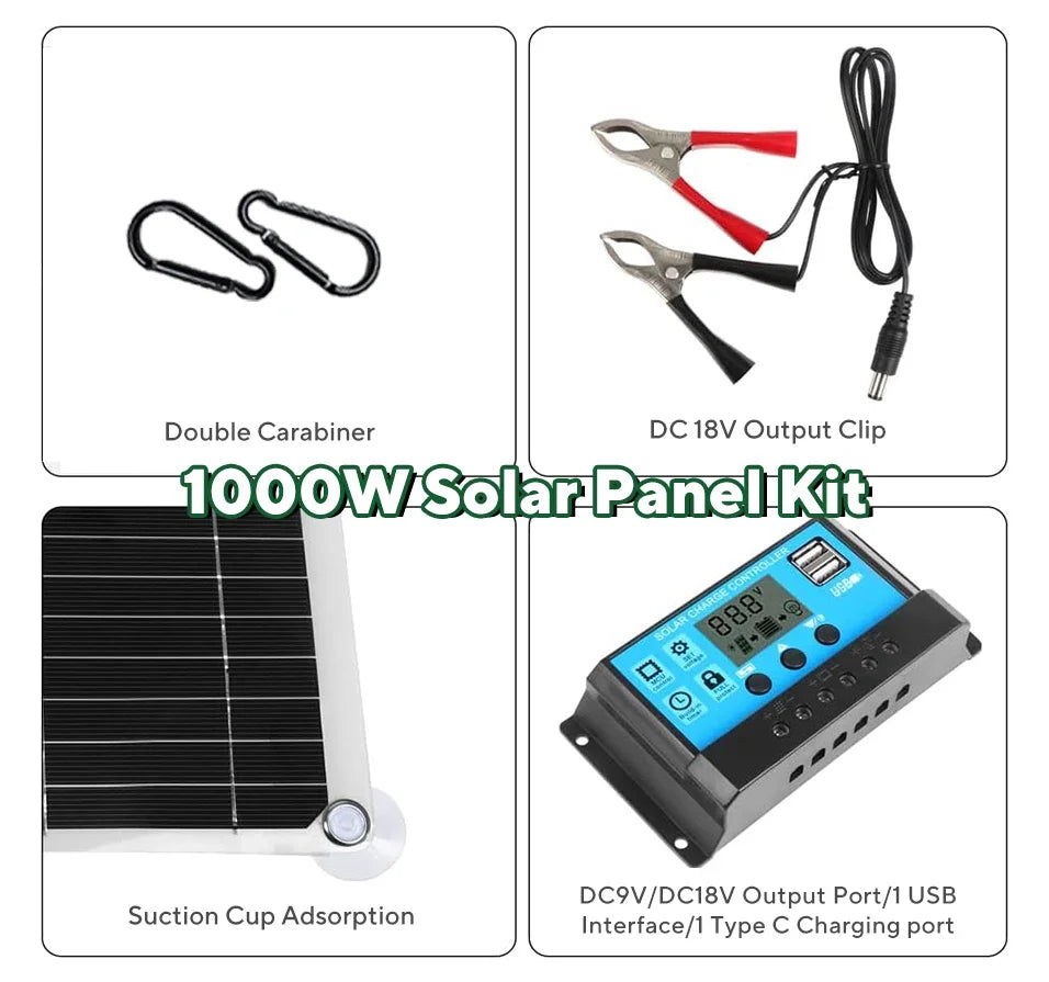 1000W Solar Panel 12V Solar Cell Kit with 10A–100A Controller | USB Output for Phone, RV, Car, Home & Camping