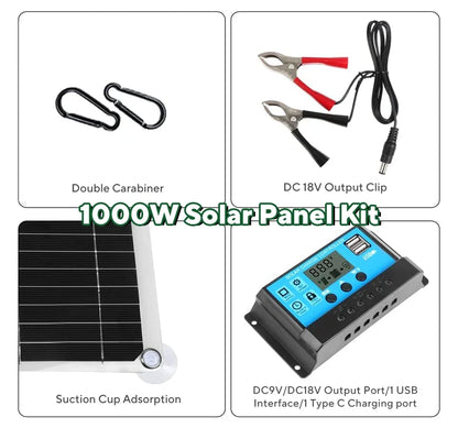 1000W Solar Panel 12V Solar Cell Kit with 10A–100A Controller | USB Output for Phone, RV, Car, Home & Camping