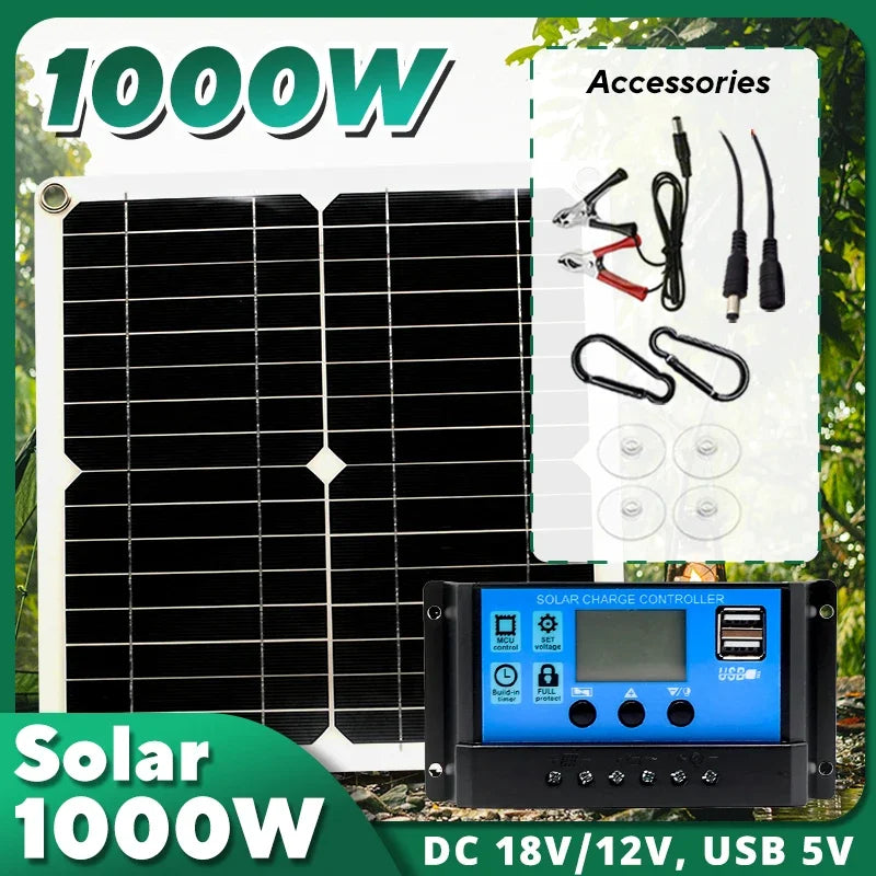 1000W Solar Panel 12V Solar Cell Kit with 10A–100A Controller | USB Output for Phone, RV, Car, Home & Camping