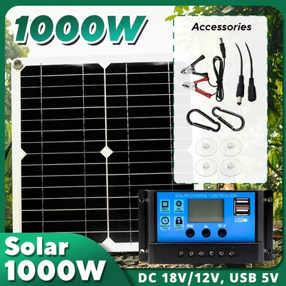 1000W Solar Panel 12V Solar Cell Kit with 10A–100A Controller | USB Output for Phone, RV, Car, Home & Camping