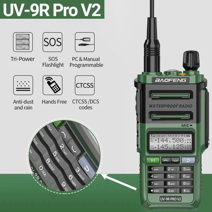 Baofeng UV-9R Pro V2 – IP68 Waterproof Dual-Band Walkie Talkie | Tri-Power, Type-C Charging & Long-Range Ham CB Radio