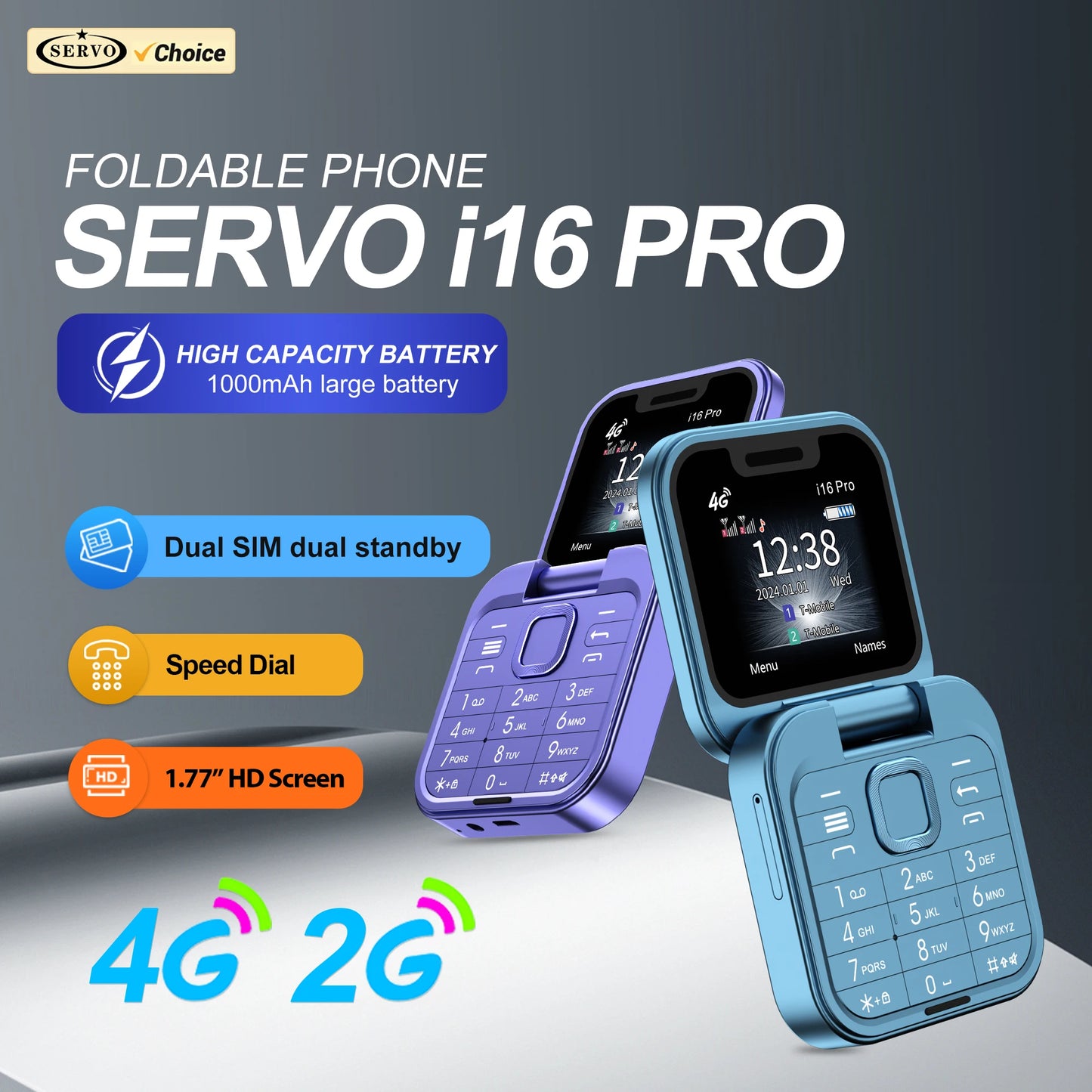 SERVO i16 PRO Mini Flip Mobile Phone – Dual SIM, 2G/4G LTE, FM Radio, Magic Voice, Torch & Pocket Design (Type-C Charging)