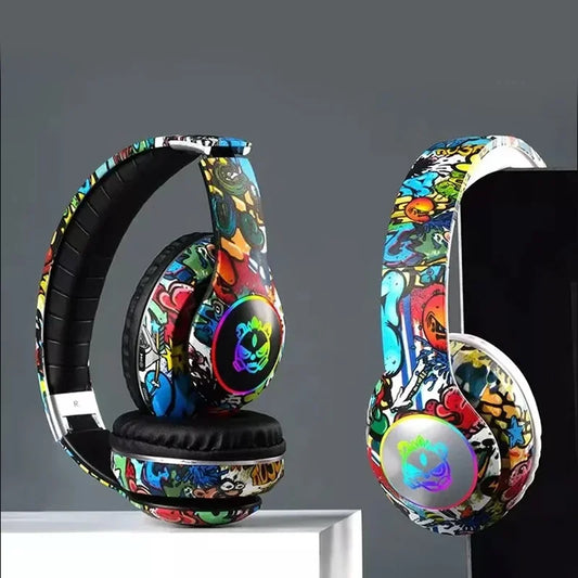 🎧 Graffiti Bluetooth Headphones – LED Light Wireless Headset with Mic & TF Card Support | Perfect Gift for Kids