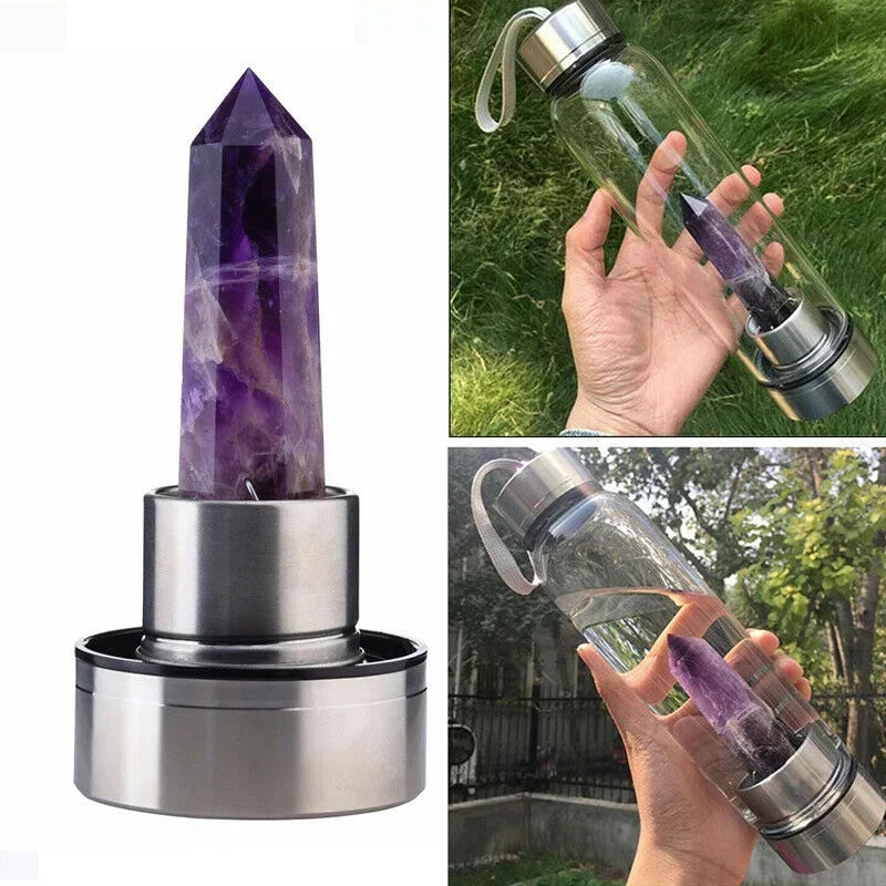 Crystal Infused Water Bottle – Natural Gemstone Elixir Cup with Healing Obelisk Wand