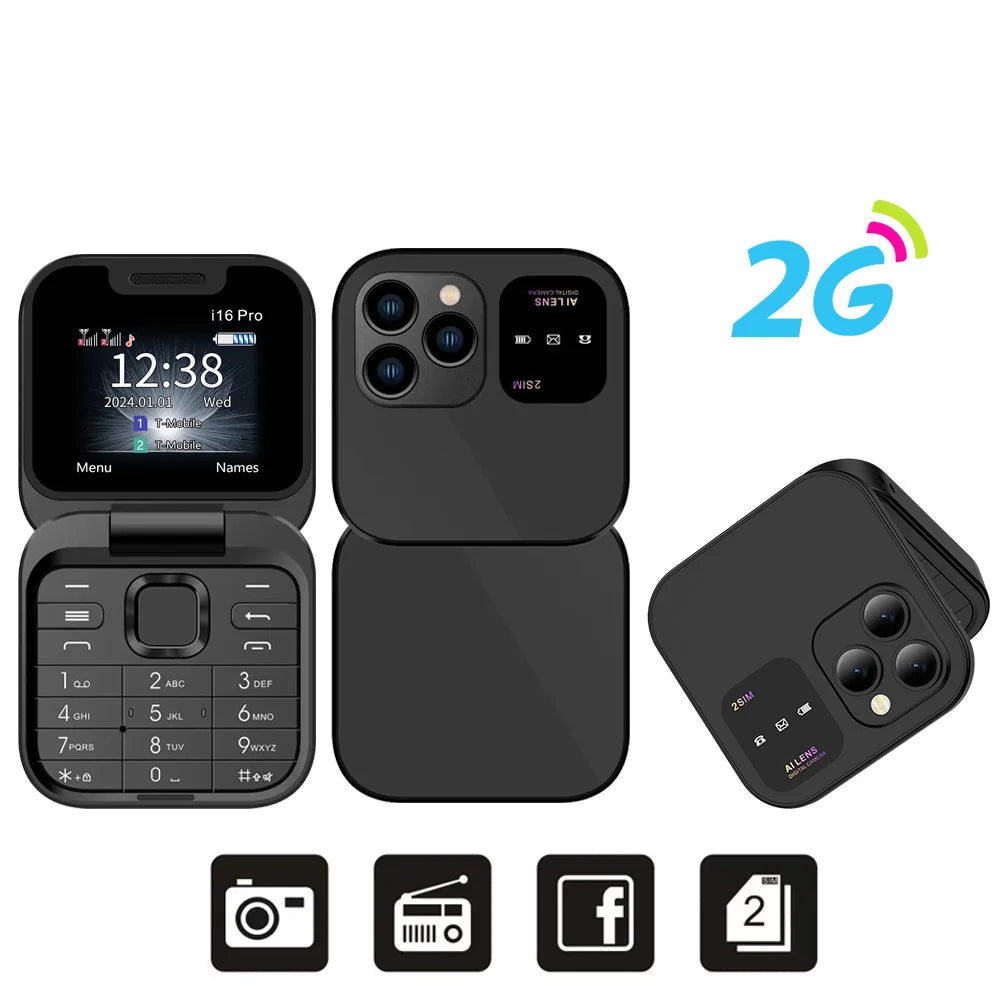 SERVO i16 PRO Mini Flip Mobile Phone – Dual SIM, 2G/4G LTE, FM Radio, Magic Voice, Torch & Pocket Design (Type-C Charging)