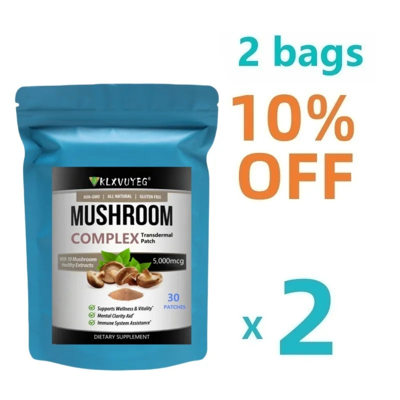 10x Mushroom Complex Transdermal Patches – Lion’s Mane, Reishi, Shiitake & 10 Mushroom Blend, Immune & Cognitive Support, 1-Month Supply