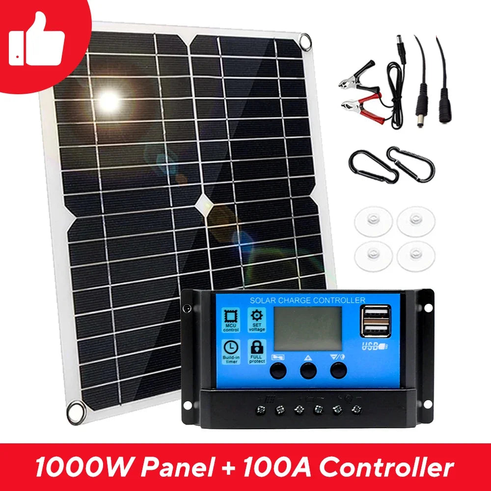 1000W Solar Panel 12V Solar Cell Kit with 10A–100A Controller | USB Output for Phone, RV, Car, Home & Camping