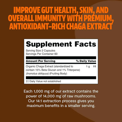 Chaga Mushroom Capsules – Antioxidant Support, Boosts Immunity, Skin Vitality & Digestive Balance