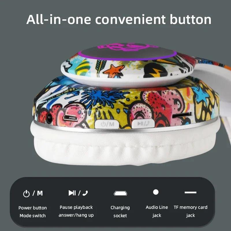 🎧 Graffiti Bluetooth Headphones – LED Light Wireless Headset with Mic & TF Card Support | Perfect Gift for Kids