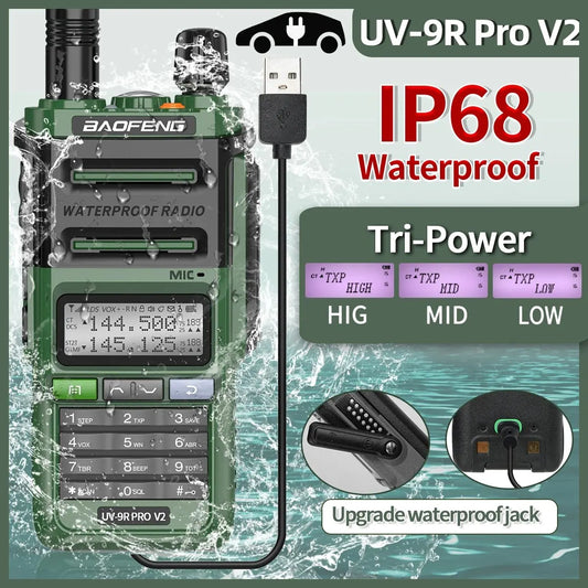 Baofeng UV-9R Pro V2 – IP68 Waterproof Dual-Band Walkie Talkie | Tri-Power, Type-C Charging & Long-Range Ham CB Radio