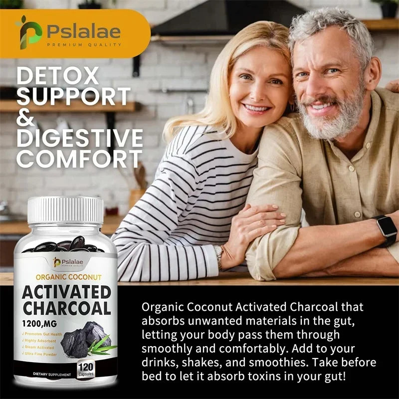 Organic Coconut Activated Charcoal Capsules - Helps Relieve Gas & Bloating, Detox and Lubricating, for Normal Bowel Function