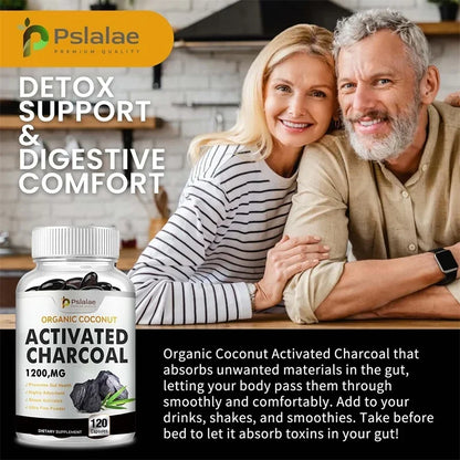 Organic Coconut Activated Charcoal Capsules - Helps Relieve Gas & Bloating, Detox and Lubricating, for Normal Bowel Function