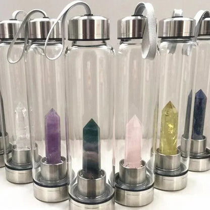 Crystal Infused Water Bottle – Natural Gemstone Elixir Cup with Healing Obelisk Wand