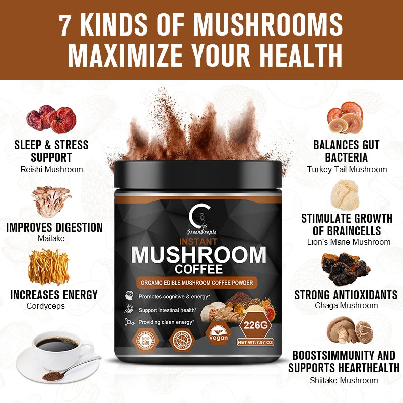 Greenpeople Lion's Mane Mushroom Coffee Supplement with Reishi,Cordyceps&Turkey Tail-Energy,Mental Clarity&Focus,Brain Booster