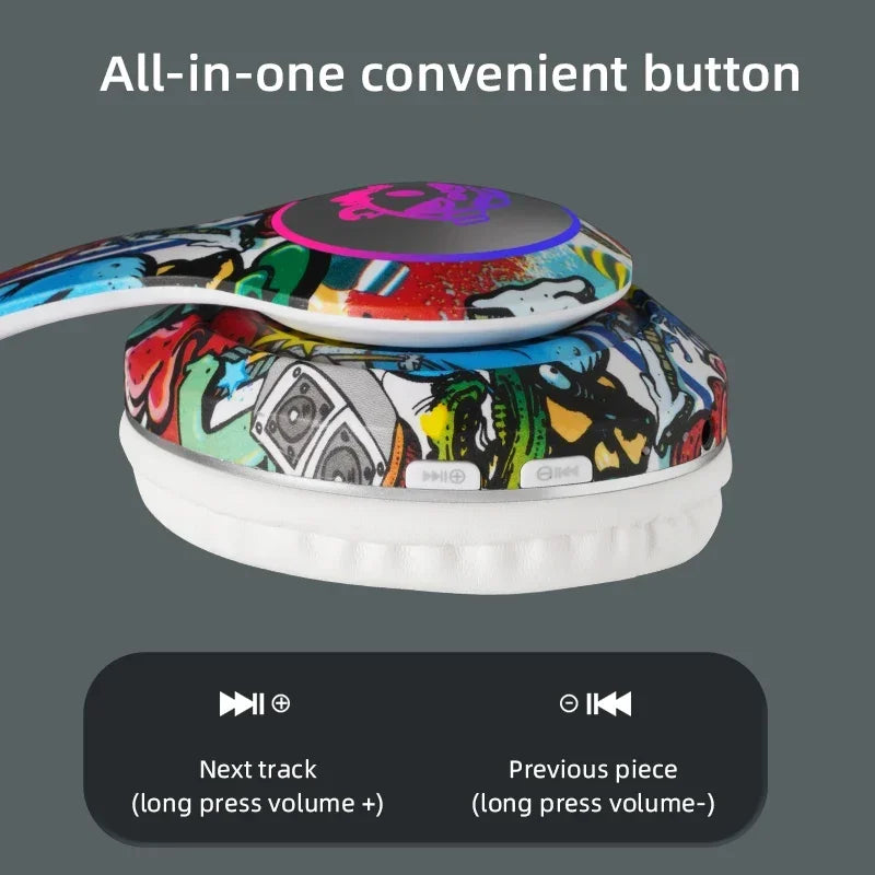 🎧 Graffiti Bluetooth Headphones – LED Light Wireless Headset with Mic & TF Card Support | Perfect Gift for Kids