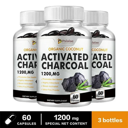 Organic Coconut Activated Charcoal Capsules - Helps Relieve Gas & Bloating, Detox and Lubricating, for Normal Bowel Function