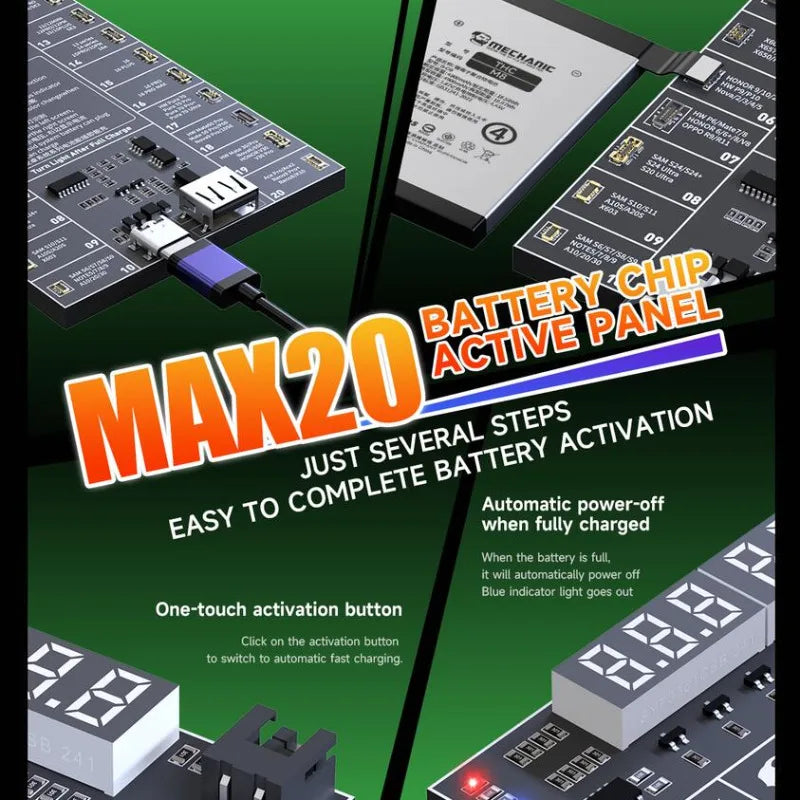 MECHANIC MAX20 Smart Battery Charger Chip – One-Click Activation & Real-Time Detection with Dual Port Type-C / USB for Android & iPhone