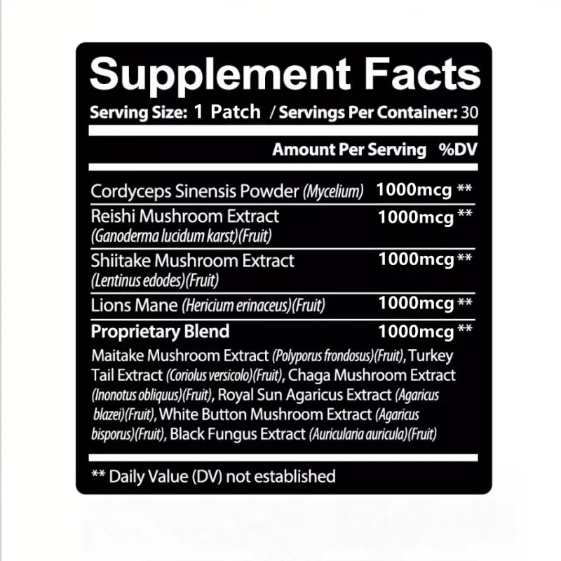 10x Mushroom Complex Transdermal Patches – Lion’s Mane, Reishi, Shiitake & 10 Mushroom Blend, Immune & Cognitive Support, 1-Month Supply