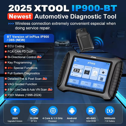 XTOOL InPlus IP900BT Bluetooth Automotive Diagnostic Tool | ECU Coding, 41+ Resets, Full-System Scanner (Lifetime Free Use)