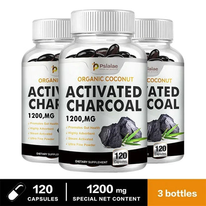 Organic Coconut Activated Charcoal Capsules - Helps Relieve Gas & Bloating, Detox and Lubricating, for Normal Bowel Function