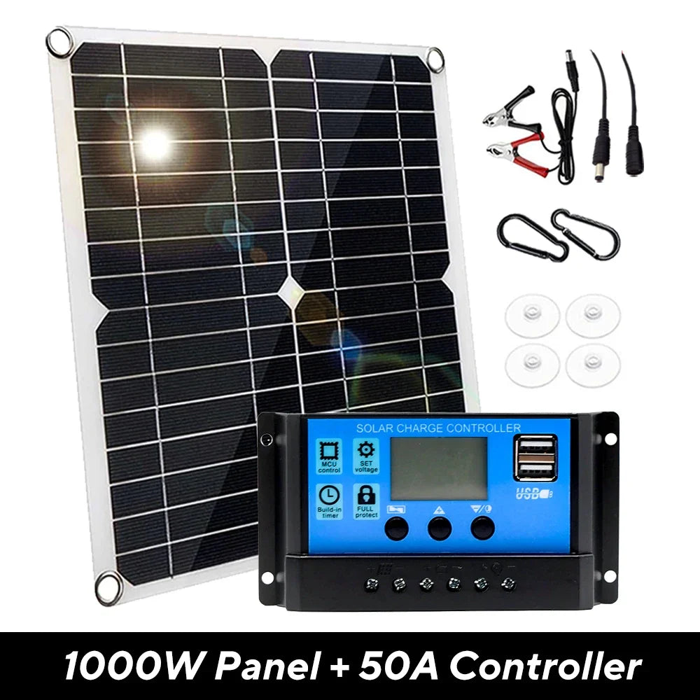 1000W Solar Panel 12V Solar Cell Kit with 10A–100A Controller | USB Output for Phone, RV, Car, Home & Camping