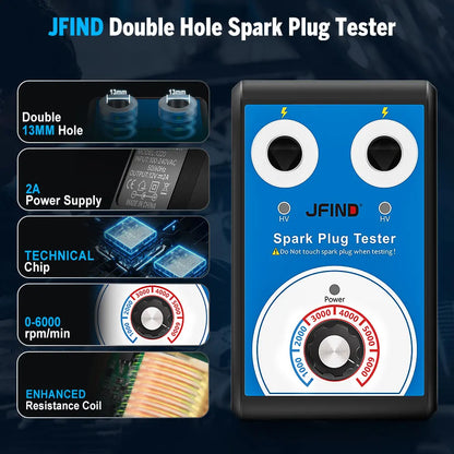 Jfind JF109 13mm Double-Hole Spark Plug Tester – Automotive & Motorcycle Ignition Analyzer 110V/220V to 12V