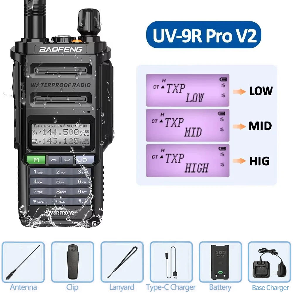 Baofeng UV-9R Pro V2 – IP68 Waterproof Dual-Band Walkie Talkie | Tri-Power, Type-C Charging & Long-Range Ham CB Radio