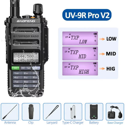 Baofeng UV-9R Pro V2 – IP68 Waterproof Dual-Band Walkie Talkie | Tri-Power, Type-C Charging & Long-Range Ham CB Radio
