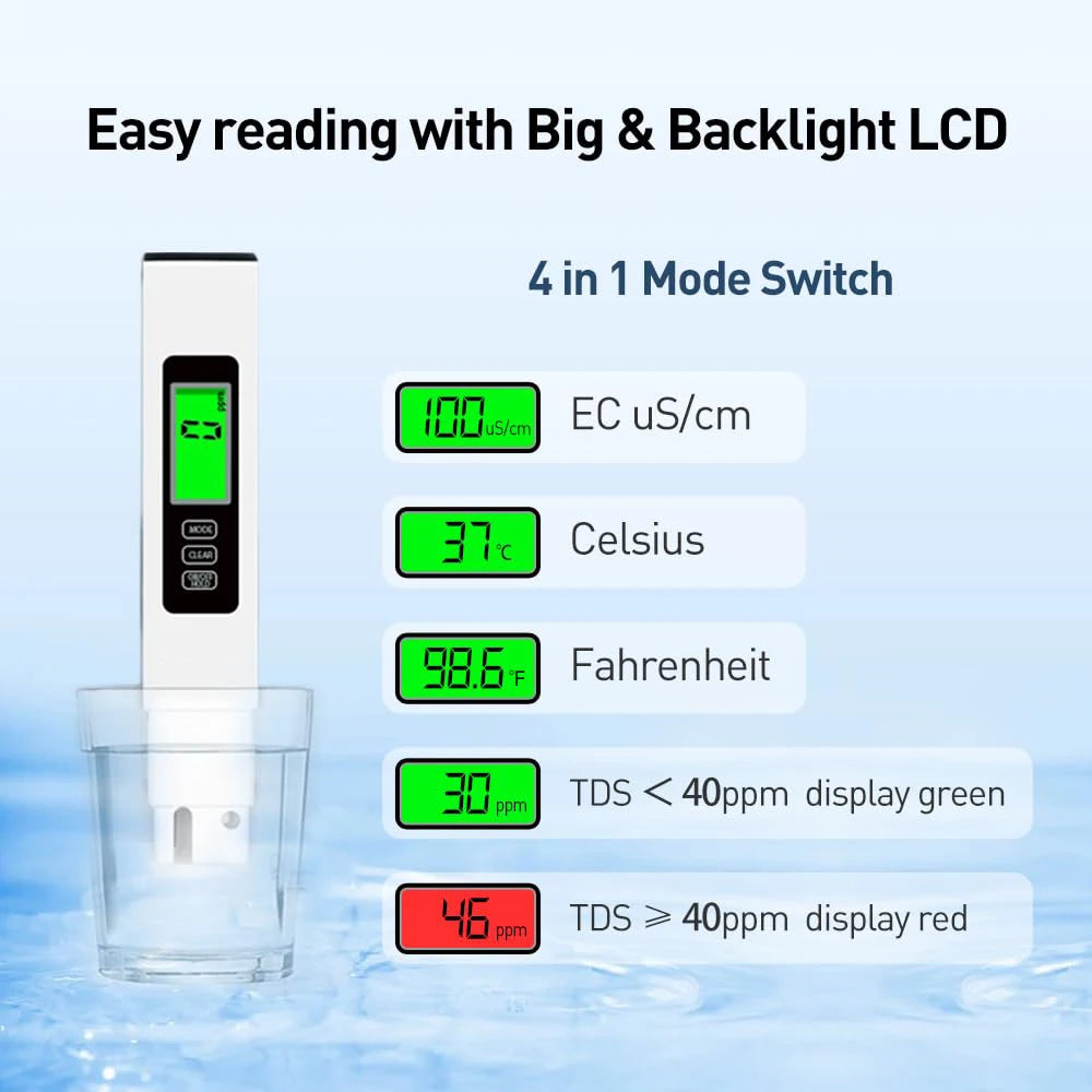 3 in 1 TDS Meter Digital Water Quality Tester, EC/Temperature 0-9990 ppm, Portable with Carrying Leather Case for Drinking
