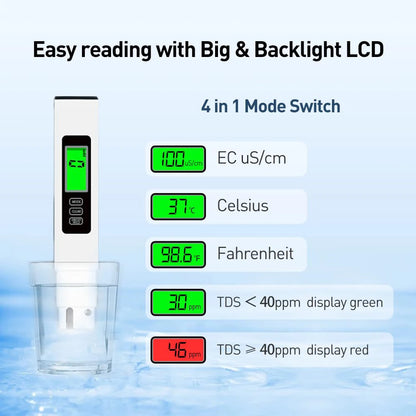 3-in-1 Digital TDS Water Quality Tester with EC & Temperature – Portable Meter with Leather Carrying Case