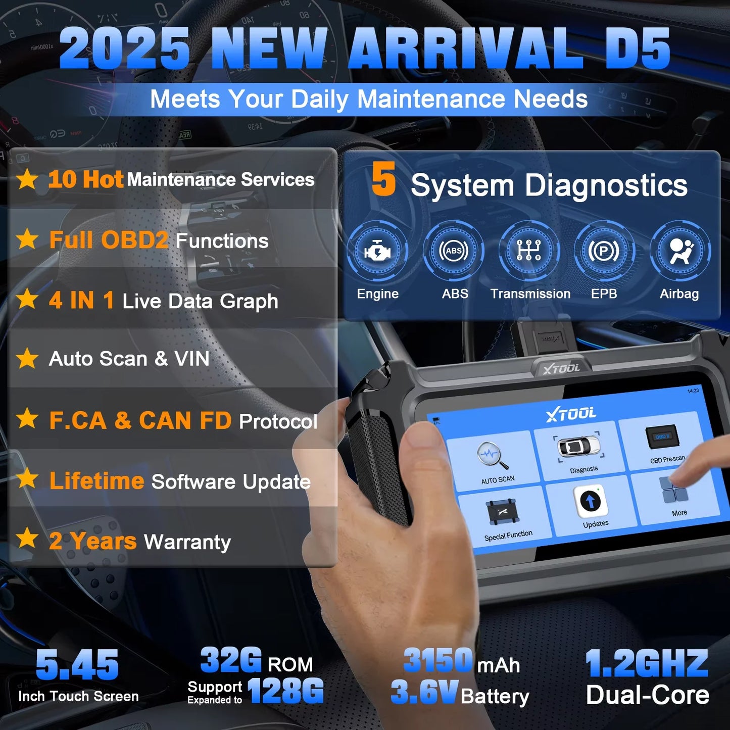 XTOOL D5 Car Diagnostic Tools Gearbox ABS EPB Airbag Engine 5 System Scanner 10 Reset Service OBD2 Scanner Lifetime Free Update